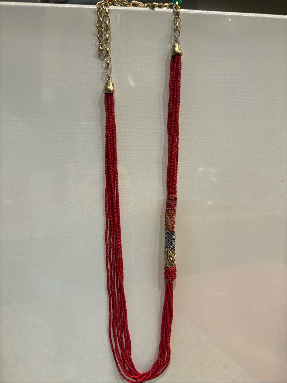 Chico's Red Multi-Strand Beaded Necklace with Gold Accents